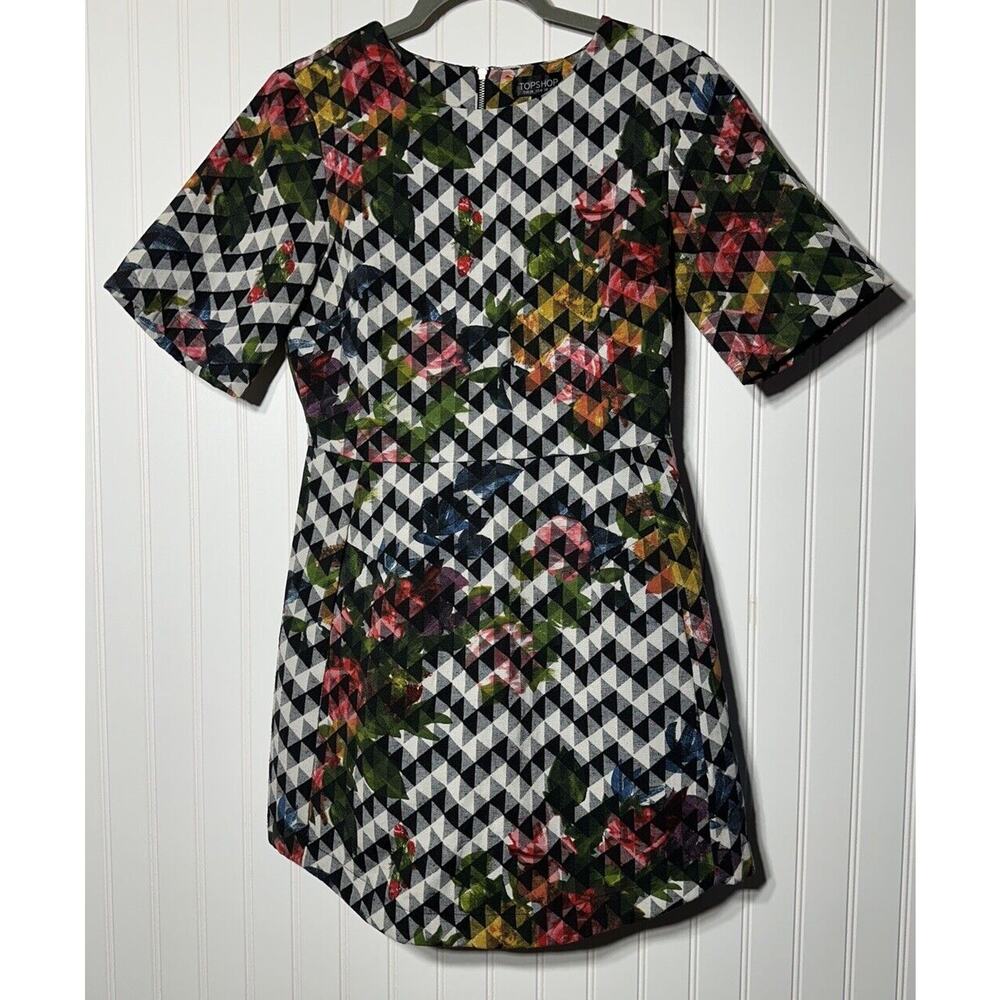 TOPSHOP geometric Triangle Dress‎ Floral Flower Chevron diamond Black size 6